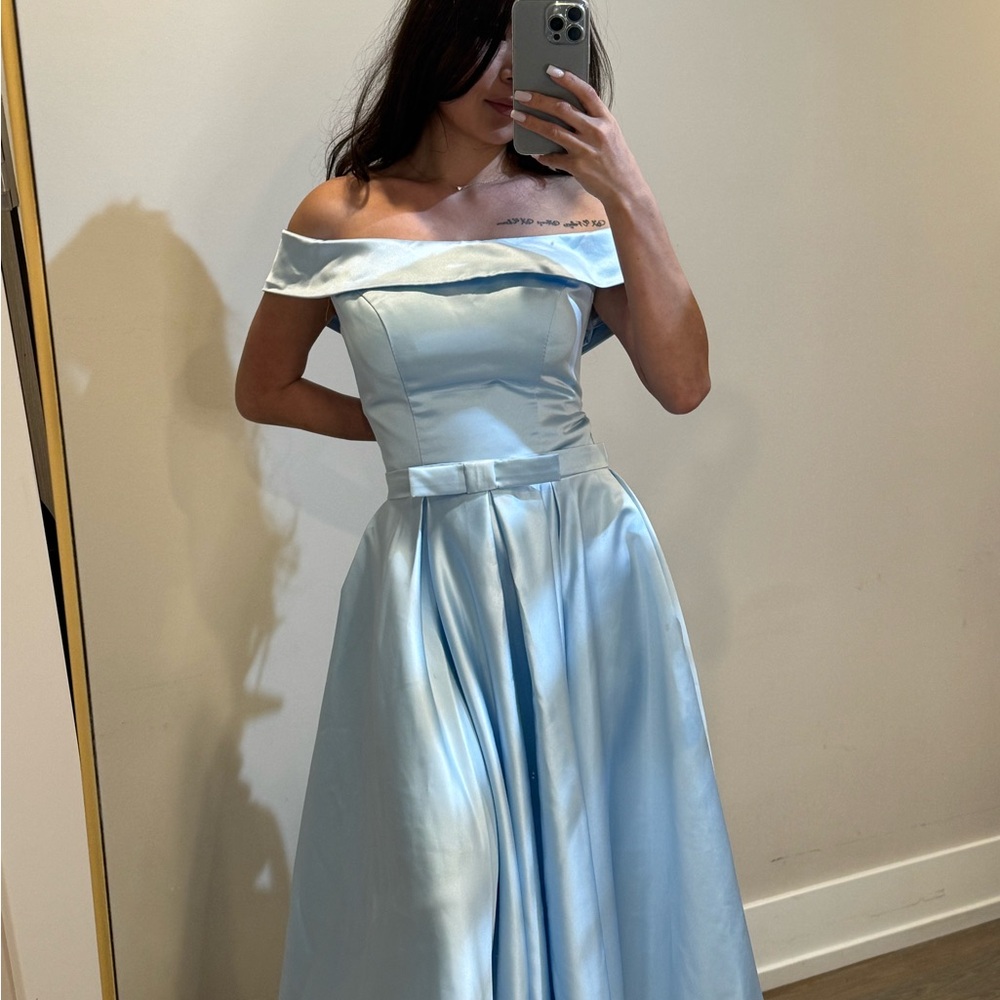 Blue Ruched Midi Gown with Off the Shoulder Neckline for Prom